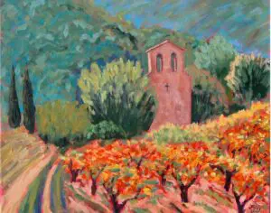 painted mural of a church at trillium woods