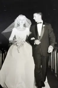 black and white photo of a newly wed couple