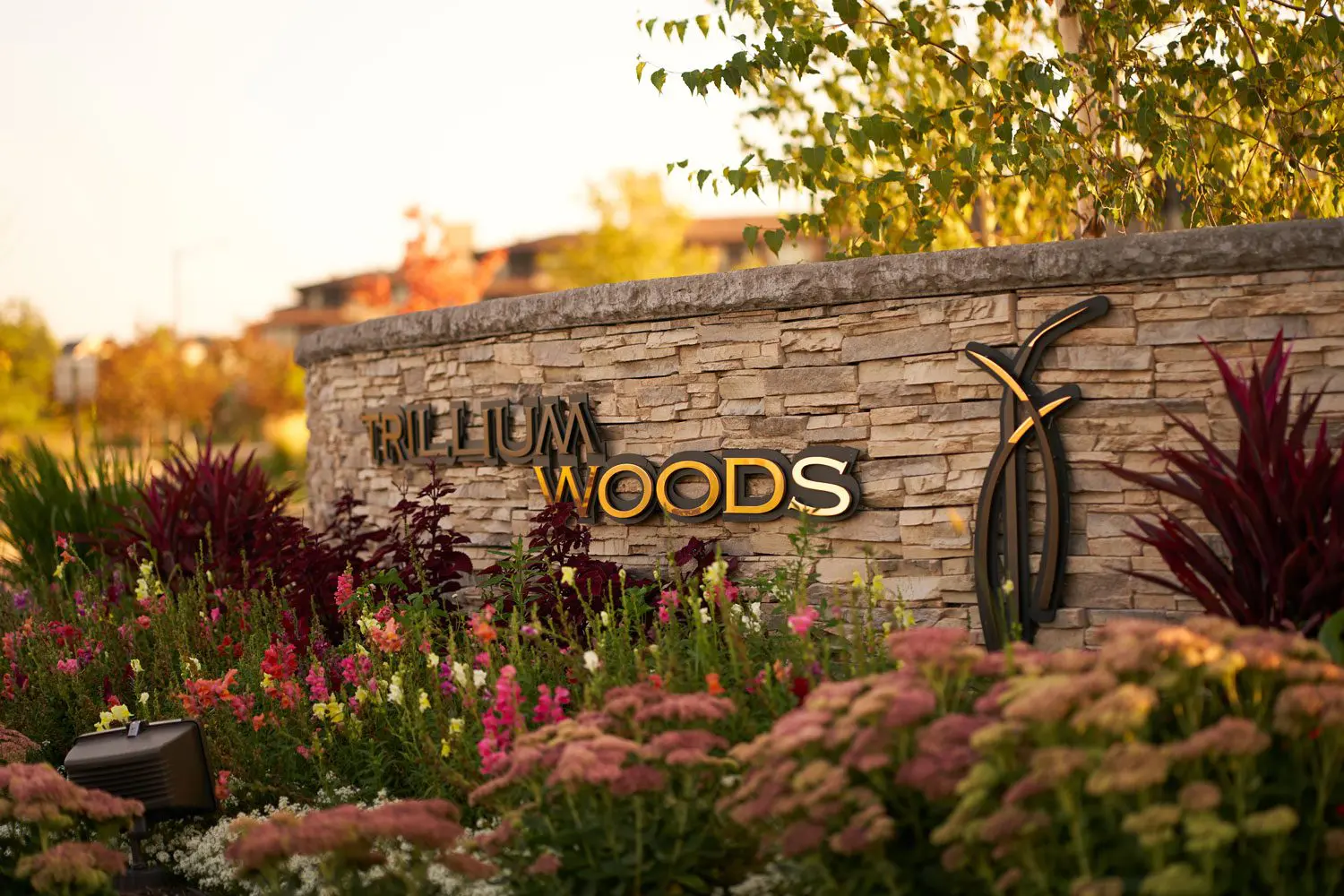 Trillium Woods signage built with stone in Plymouth, MN.