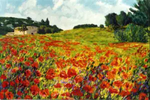 painted mural of a poppy field at trillium woods