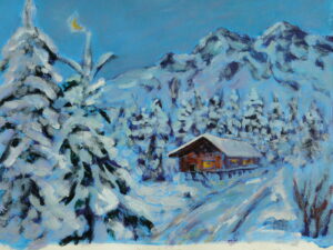 Wintry painting of a snow-covered cabin on a mountain