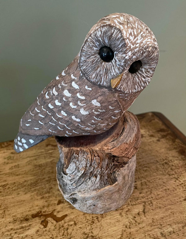 Trillium Woods Resident Artist Felix Tristani's wooden owl