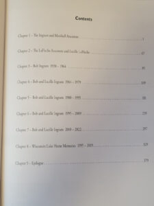 Table of contents inside a residents book on family genealogy and memories.