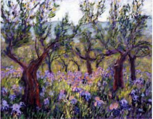 Painted mural of blossoming trees amidst a field of flowers